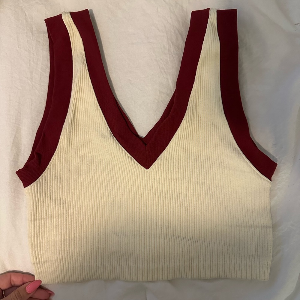 Zara Cream and Red Ribbed Crop Tank Top